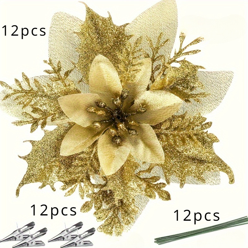 TEMU 36pcs Glitter Christmas Star Floral Hanging Ornament Set, 12 Shiny Glitter Christmas Flower Decorations With 12 Clips And 12 Stems - Perfectly