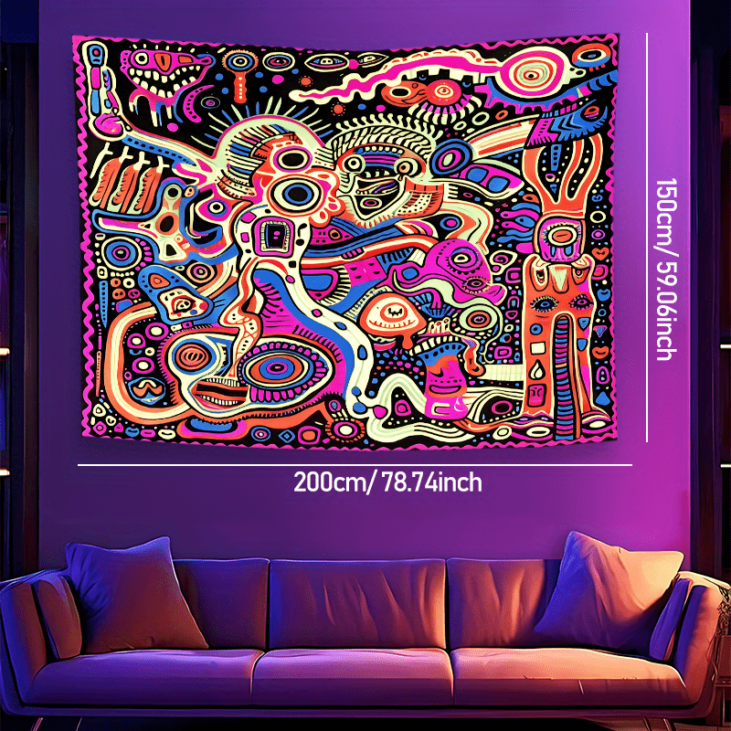 TEMU A Stunning Tapestry Featuring An Abstract Eye Pattern That Under Blacklight, Vibrant Colors To Your Bedroom. This High-quality Decorative Wall