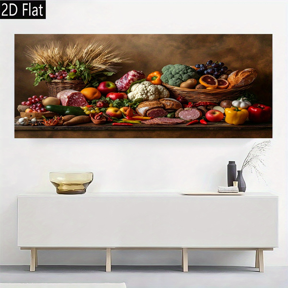TEMU 2d Flat, 1pc Large Frameless Canvas Poster - Farmhouse Kitchen, Living Room, Dining Decor - Grapes, , Mushrooms, Bell Peppers, Olives, Bread -