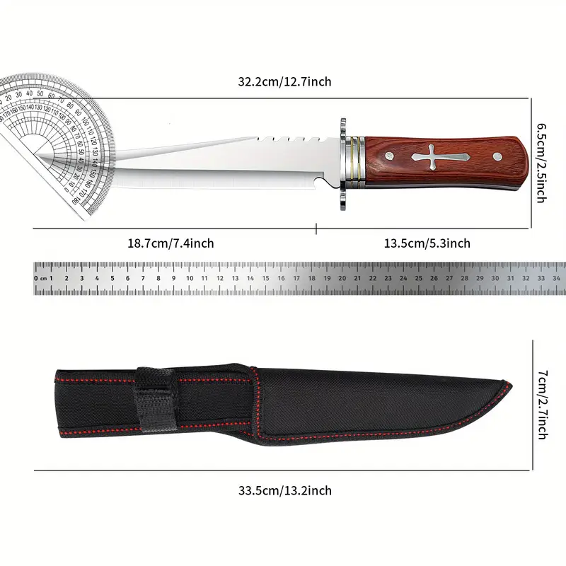 inch outdoor straight knife with a 7 4 inch blade length serrated design wooden handle with metal decoration with a black knife sheath a practical tool for the outdoors and a mens knife Product details 9
