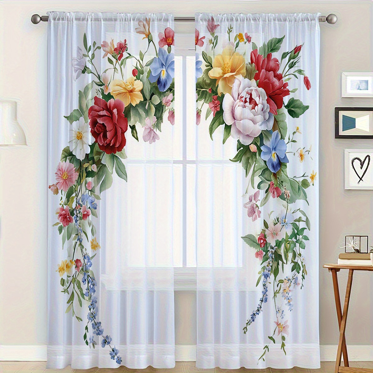 TEMU 2pcs Semi-transparent Curtains, Festive, Gift, Wedding Decoration Window Drapery, Floral Printed Sheer Window Screens, Style, Warm And Decor,