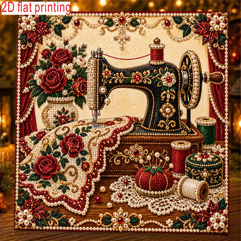 TEMU 1pc, 2d Flat Printing, Pearl Art Diamond Painting Kit, Vintage Sewing Machine, Handmade Sewing Themed Beaded Artwork Filled With Pearls And Red