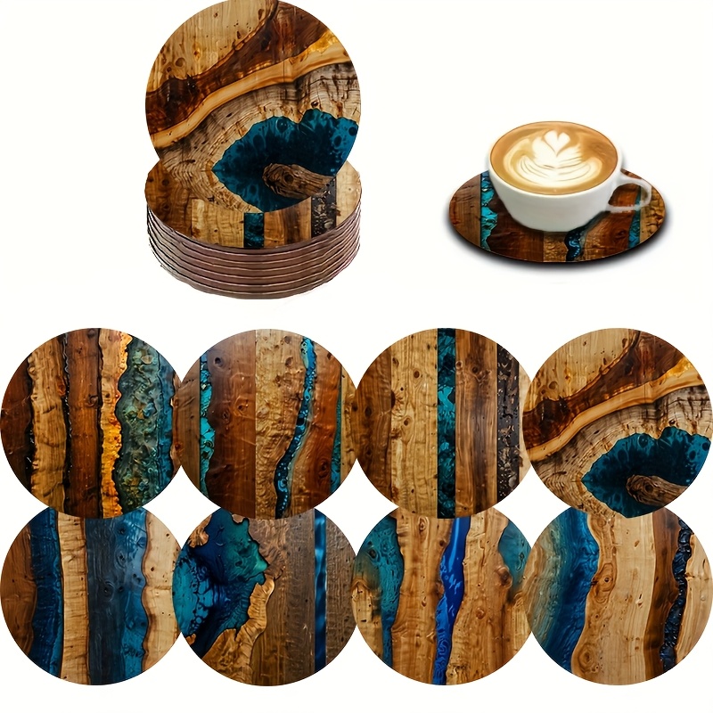 TEMU 8pcs Turquoise Blue Brown Wood Coaster Set, Turquoise Blue Texture Coasters, Natural Wood Grain Texture Durable Desktop Protector, Universal
