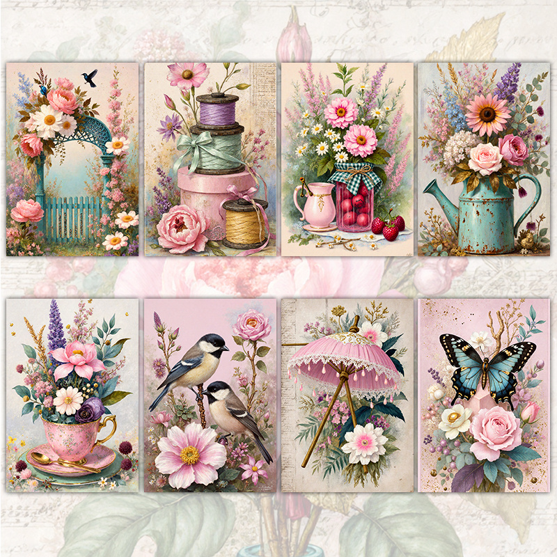 TEMU 8/16pcs Vintage Floral Themed Postcards, Decorative Greeting Cards/bookmarks/scrapbook Embellishments | Country Illustration Design, Soft