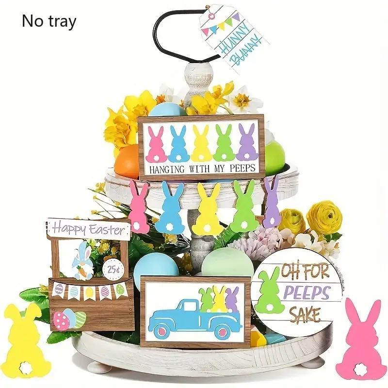 

Easter Tiered Tray Decor Set - Bunny Wooden Signs, Farmhouse Table Centerpieces With "hanging With My " & "oh For " Signs, Pastel Eggs & Flowers - Home (tray Not Included), Tray Decorations