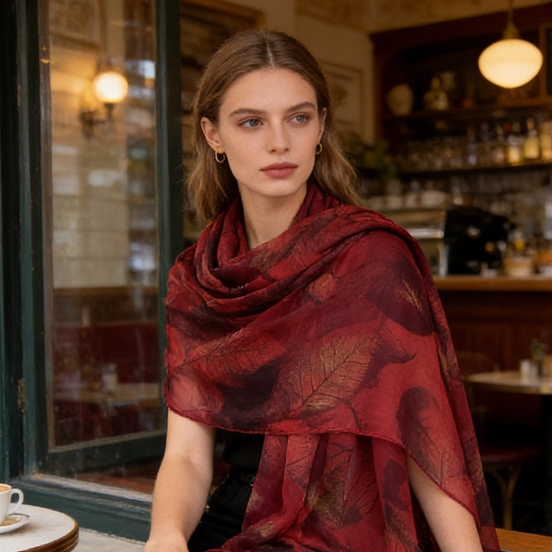 TEMU 100% - An Ink Wash Leaf Design Women's , Lightweight Long Shawl In Wine Red, Layered Or Worn Alone, A Versatile Fashion Accessory, Exquisite