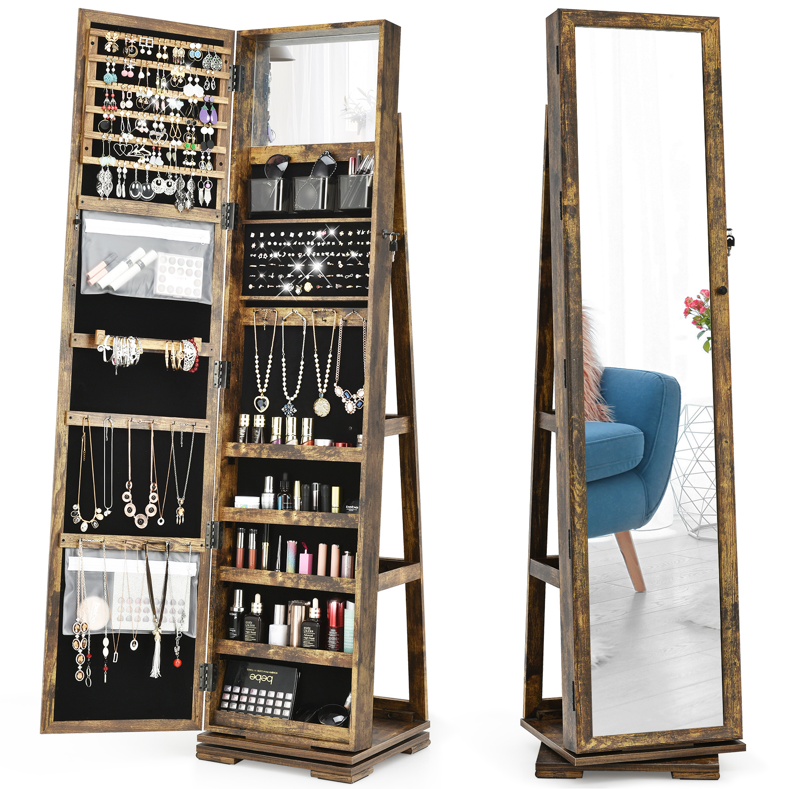 360° Rotatable Jewelry Cabinet Armoire 2-in-1 Lockable Mirrored Coffee, Jewelry Armoires