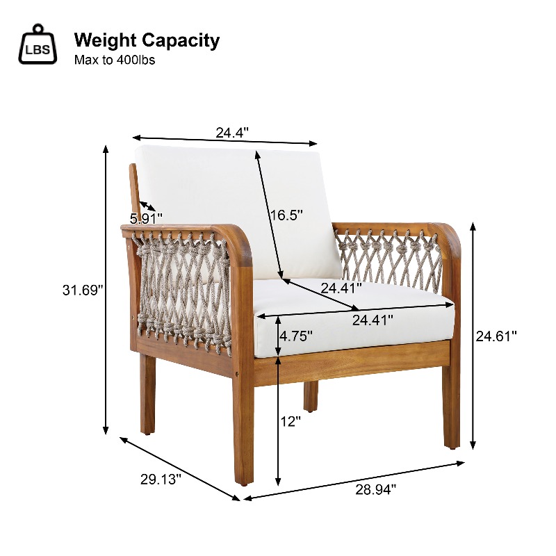 Outdoor Acacia Club Chair with Handwoven Rope, Teak End