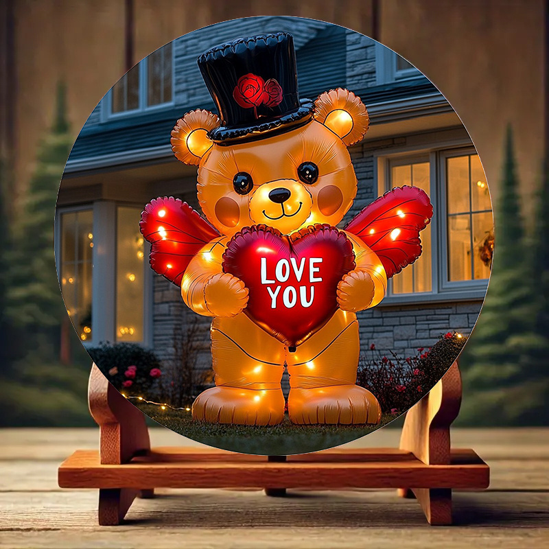 

1pc Classic Aluminum Inflatable Bear With And , "i Love You" Message, Multipurpose Decorative Sign & Plaque For Home And Outdoor Use, English Text, Bear Decor