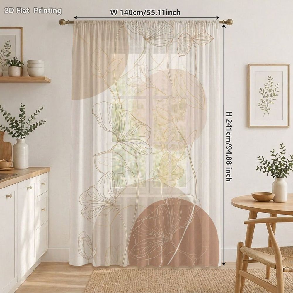 TEMU 1 elegante minimalista con motivo in garza , drappeggio moderno con stampa di magnolia, privacy filtrante, sfondo geometrico a in toni terrosi