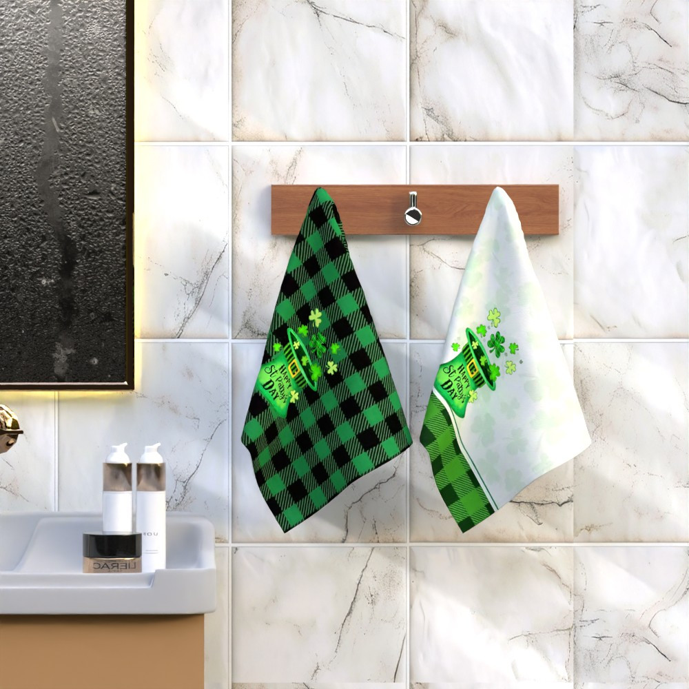 2pcs     s day tea towels - 45.72x66.04cm  ,   absorbent polyester dish towels with leprechaun hat & shamrock design, ideal for home & gift, festive kitchen decor, kitchen towels details 1