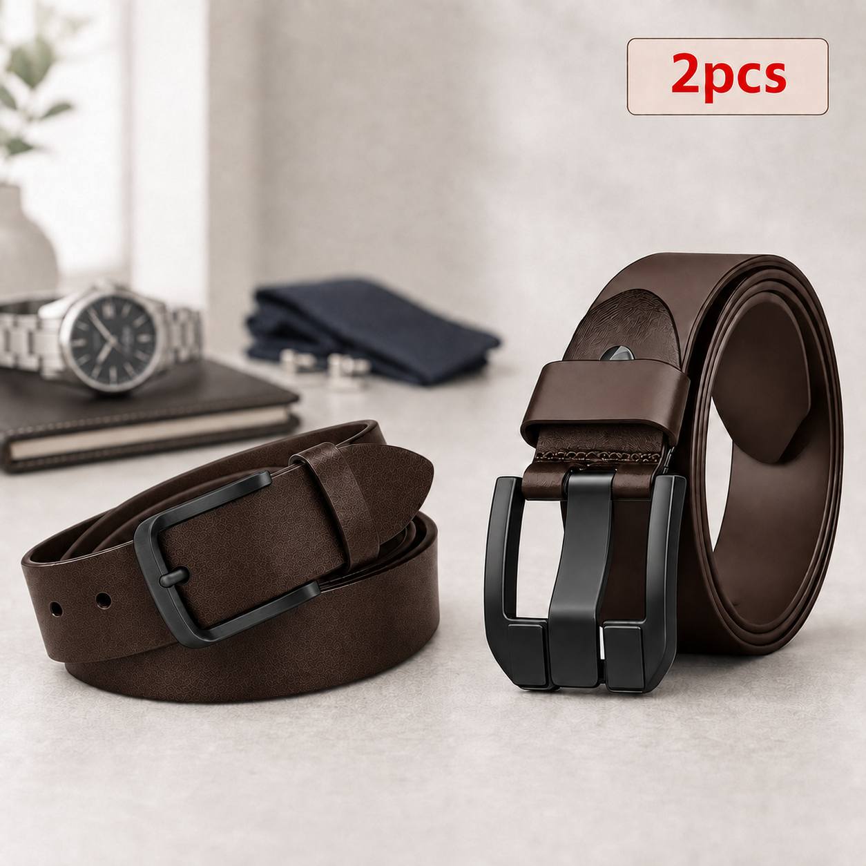 Image of 2pcs Men's Genuine Leather Belt Set, Classic Pin Belts, Adjustable Black/brown Waist Belts For Jeans, Dress, Business& Casual Wear, Gift For Men