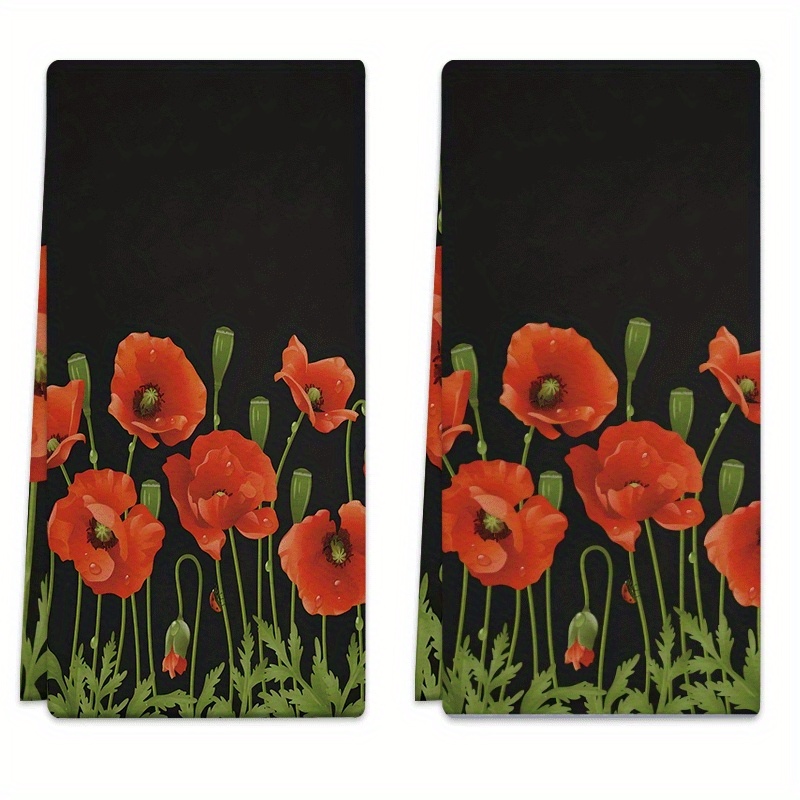TEMU 2pcs Dish Towels 18x26 Inches Red Poppy Microfiber Absorbent Kitchen Hand Towels, Suitable For , Baking, Bathroom Cleaning, Outdoor Activities,