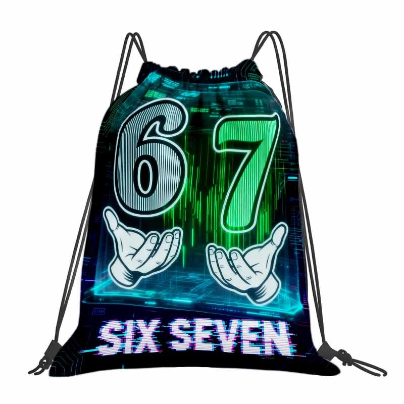 Image of 1pc Cyberpunk 67 Graphic Drawstring Bag | Hard-wearing Oxford Softshell, Portable With Practical Pockets, Ideal For Gym, Yoga, Travel, Football, Mixed Color, Cartoon Pattern, Machine Washable