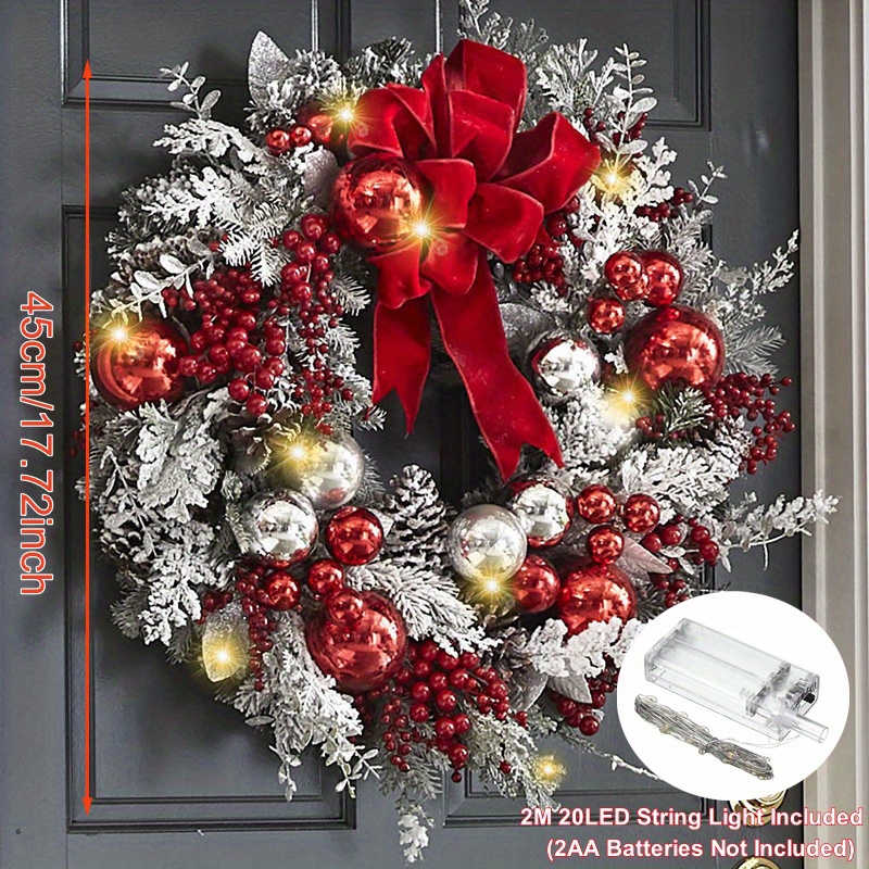 TEMU Lighted Christmas Wreath With Red Bow Ball Ornaments Pine Cones Berries Battery Operated 20 Led Lights For Christmas Window Fireplaces Decor