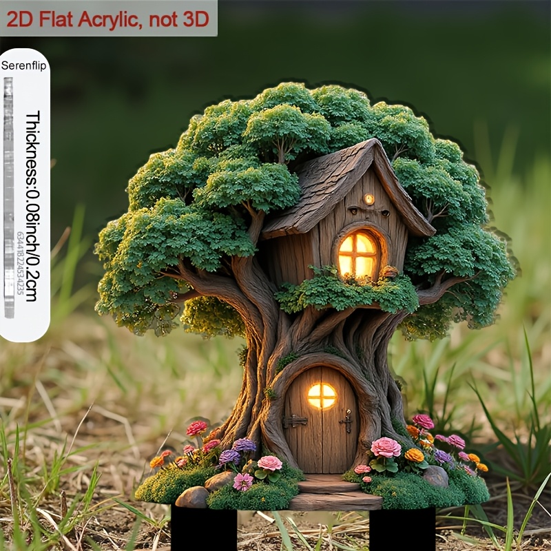 TEMU Piatto 2D, [Piatto 2D] Stile Piatto 2D, 1 pz Acrilici a Punta 2D per Aiuole. Design a Casa sull'Albero per Decorare Vasi, Decorazione da