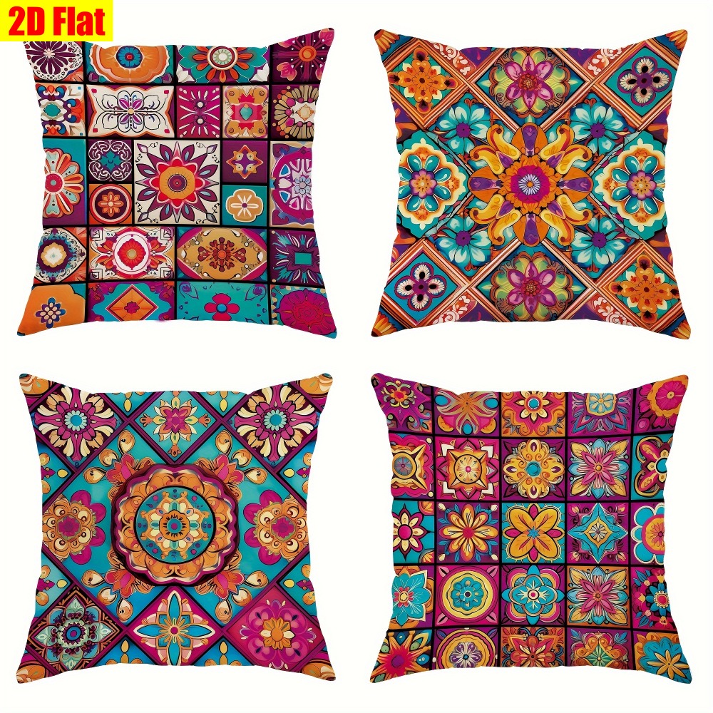 TEMU Set Of 4 Modern And Stylish Decorative Pillow Covers In A 2d Flat Design Featuring Vibrant Mandala And , Perfect For Sofas, Living Rooms, And