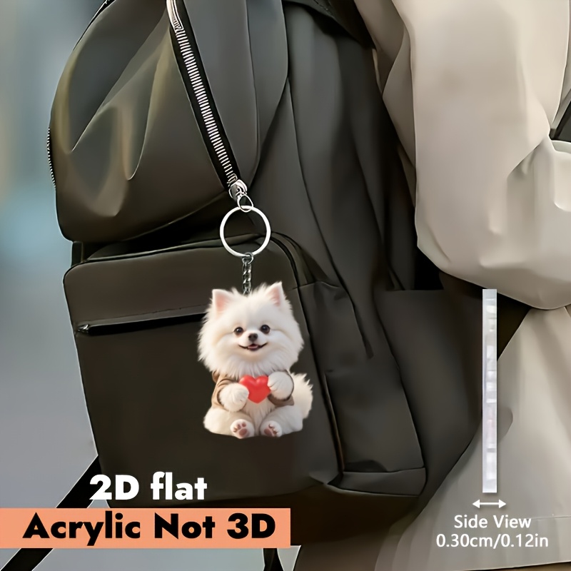 TEMU 2d Flat, [2d Flat] 1pc, 2d Flat Acrylic Pomeranian Holding A Heart Keychain - Car Interior, Home Decor, Backpack & Keychain Accessory - Durable,