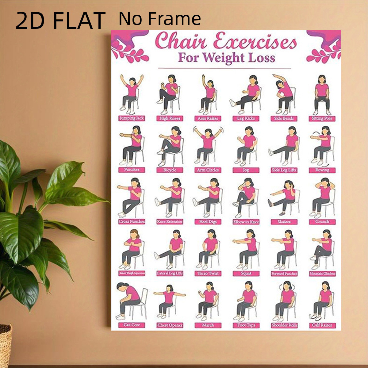TEMU 2d Flat, 2d Flat, 2d Flat Unframed Canvas Painting, 'posters And Chairs And Standing Exercises, Gentle Workouts, Low- Fitness Suitable For The
