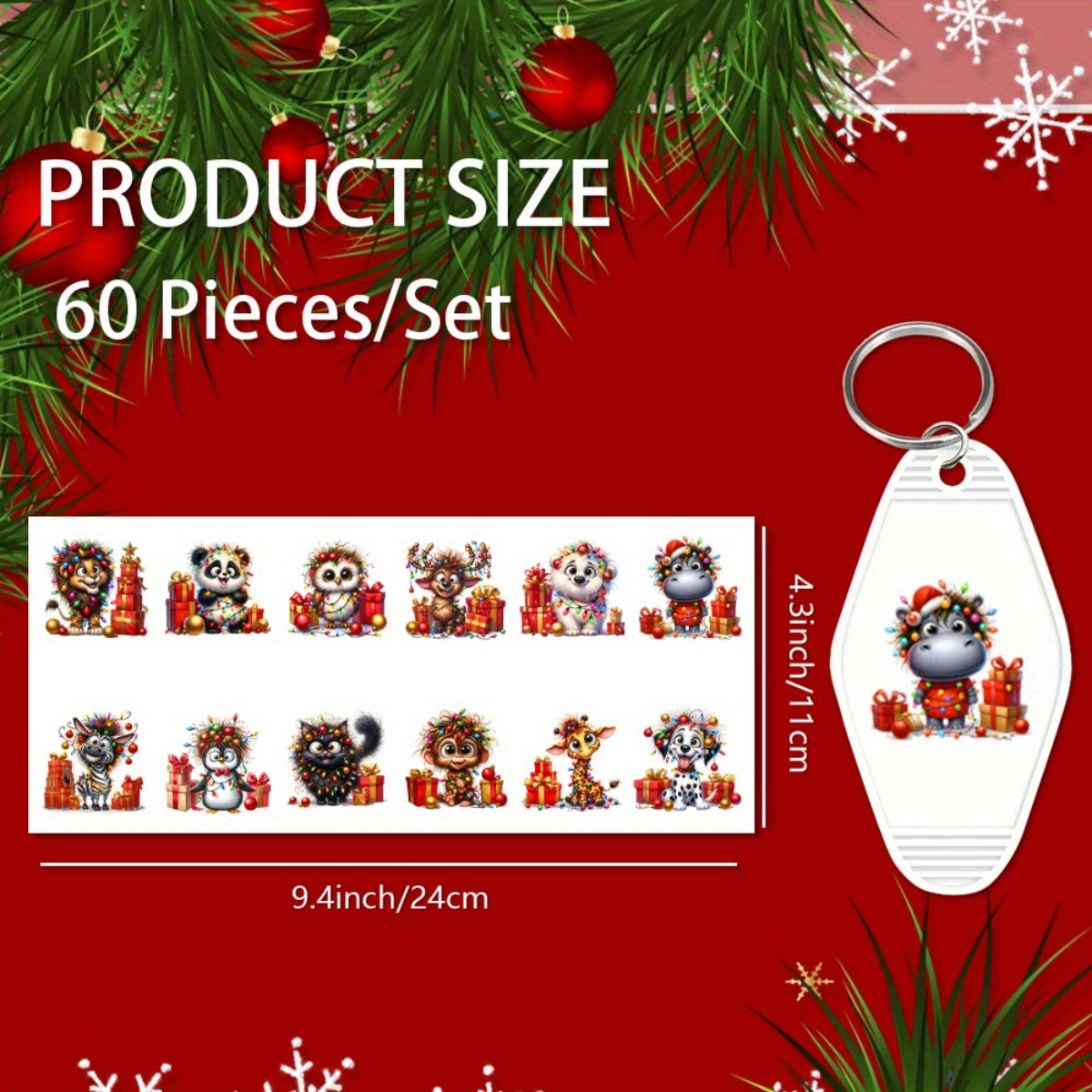 TEMU 60pcs Christmas Animal Uv Dtf Transfer Sheets - Cute Panda, Tiger, Giraffe, Zebra, Monkey, Wolf, Husky, Sheep, Dog, Cat - With Presents, Garland