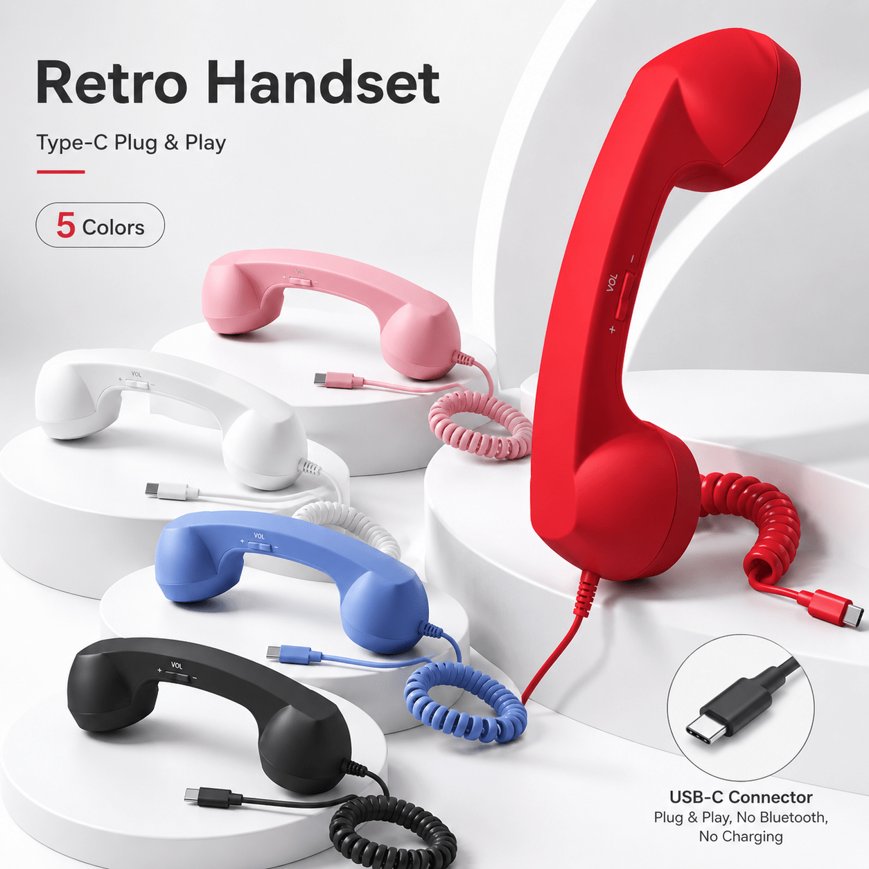 TEMU Retro Phone Handset With Type-c Connector, Vintage Style Cell Phone Receiver With Volume Control, Wired Call Handle For Home Office, Cute Phone