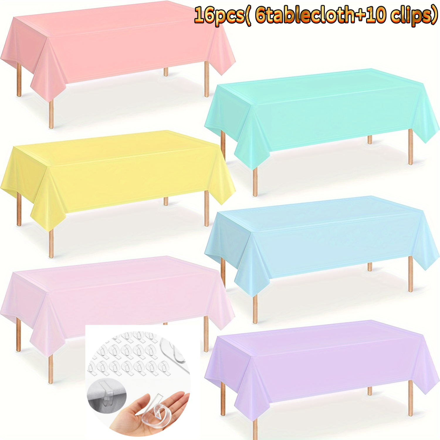 TEMU Set da 16 pezzi (6 tovaglie + 10 mollette), Tovaglie rettangolari usa e getta in plastica color macaron, Multicolore, Adatte per decorazioni di