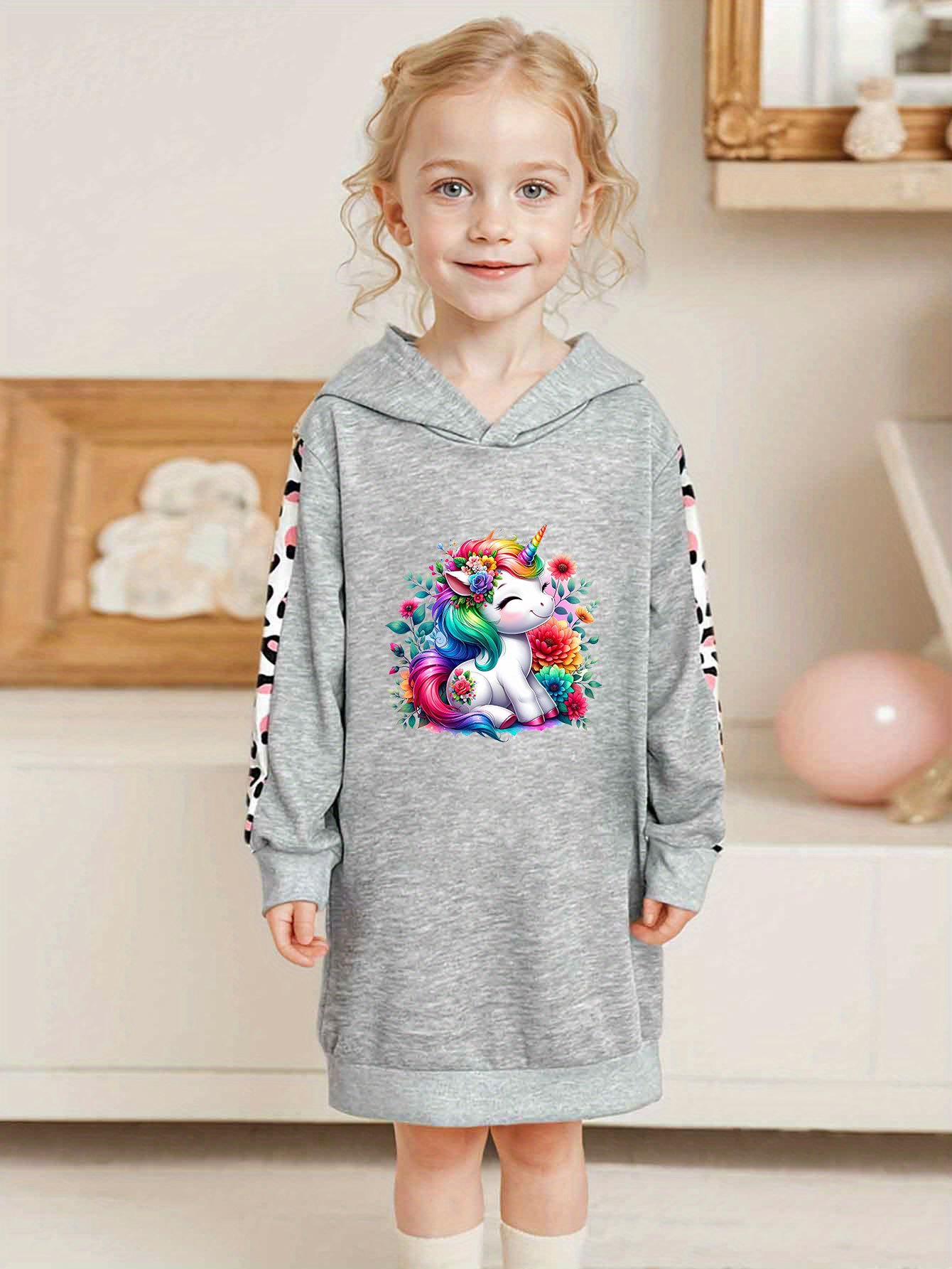 Girls' Loose Hooded Sweatshirt Dress With Cow Print * Long Sleeve *  THANKSGIVING Creative Print *-Length Casual Hoodie Dress