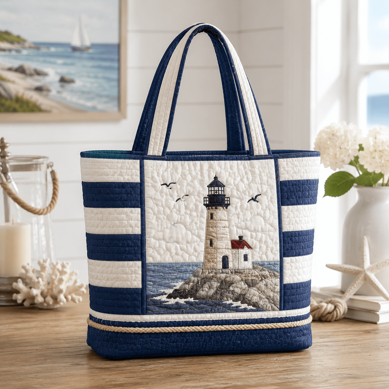 TEMU 17 X 15 Inch Quilted Tote Bag For Women, Coastal New England Stripe Lighthouse Seagull Visual, Soft Handheld Bag, Large Capacity School Work Bag