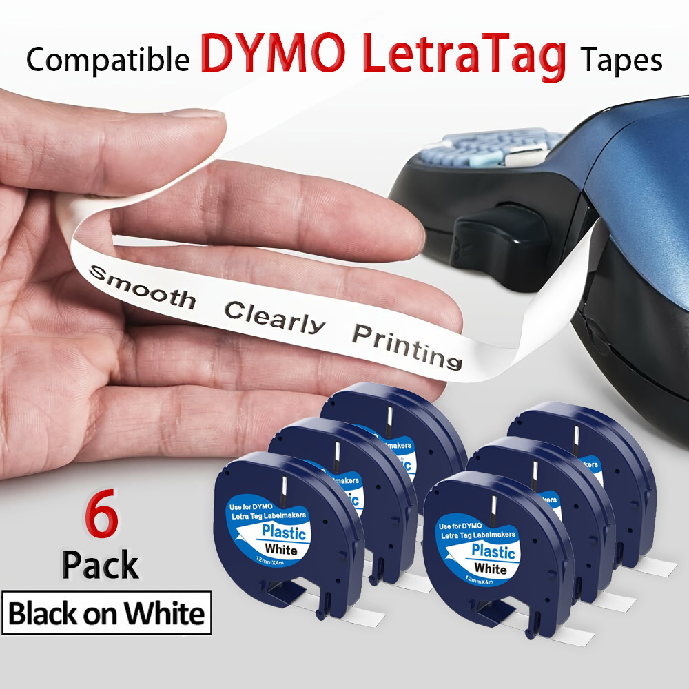 6-pack 91331 White Plastic Tape Refill For Label Makers – Compatible With 200b, Lt 100h, Plus, 12mm X 4m