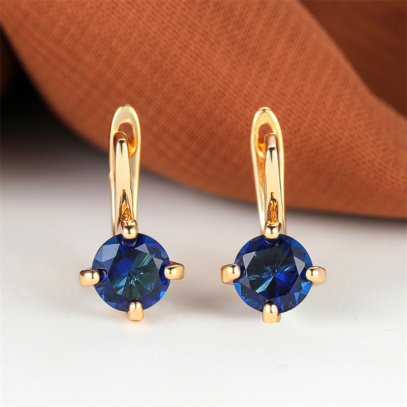 TEMU Exquisite And Petite Golden Earrings With Blue Synthetic Cubic Synthetic Zirconia Round-cut Studs, Versatile Basic Earrings For Banquets