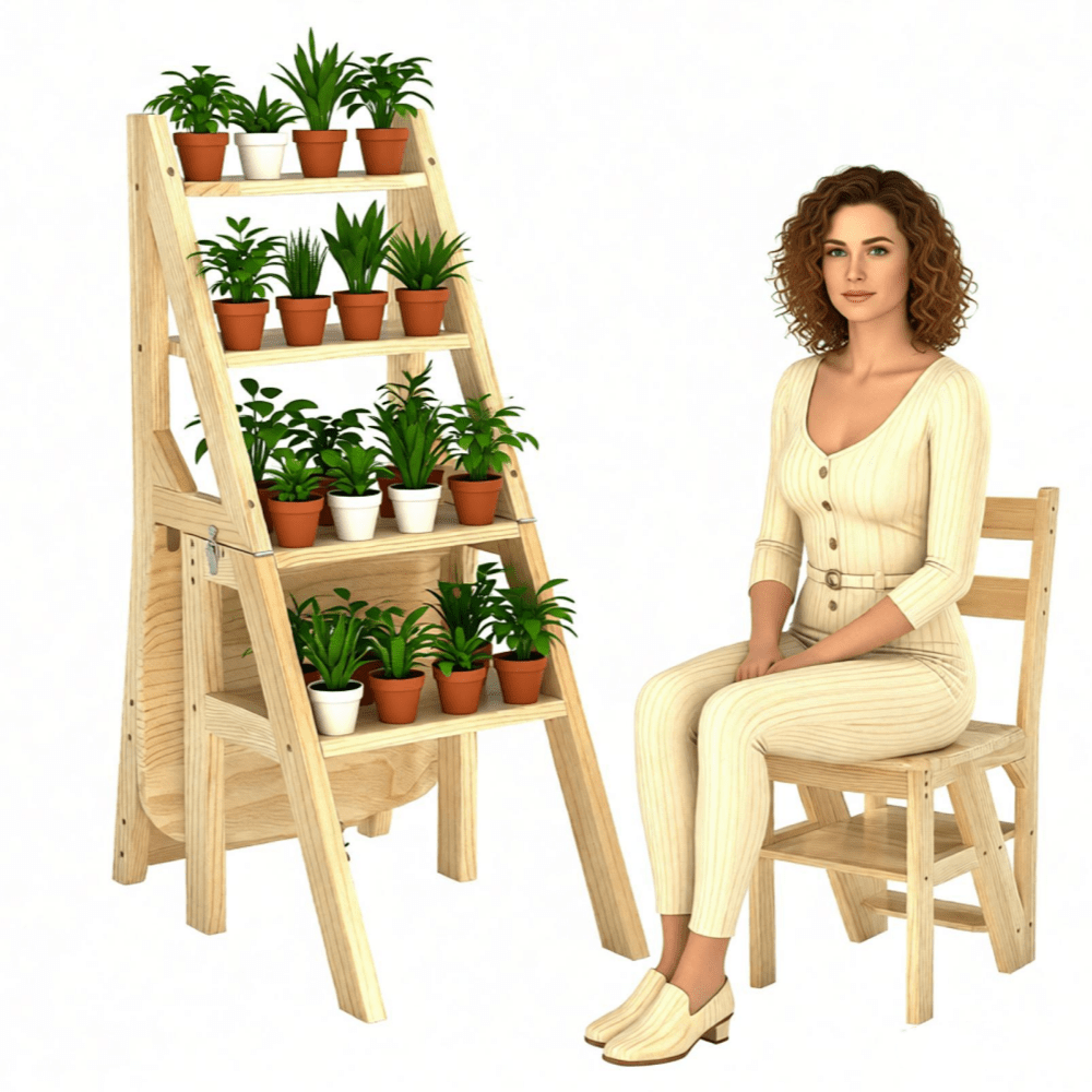 TEMU 3-in-1 Foldable Wooden Ladder Chair, Foldable Plant Flower Ladder Shelf, Multi-functional Storage Rack For Bedrooms, Patios, Libraries