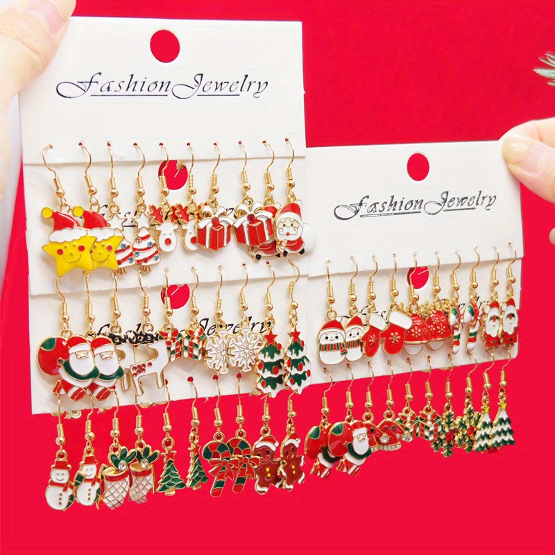 Image of 50pcs Christmas Glitter Alloy Earrings Set, Stylish Merry Christmas Drop Hook Design With Tree And Reindeer , Perfect For S' Parties, Wear