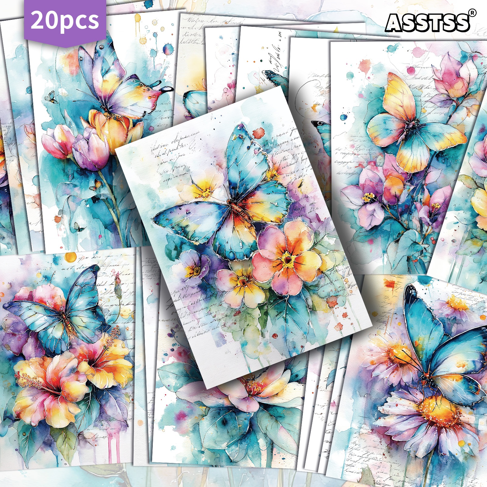 TEMU Lot de 20 cartes postales ASSTSS Vintage Aquarelle Papillons Fleurs - 4X6 pouces Rétro Junk Journal Supplies, Illustrations Classiques Cartes de