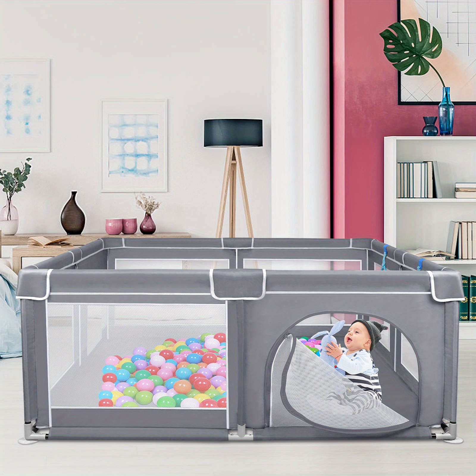 Spelhek Speeltuin met Ademend Gaas en 4 Ringen voor Ballenpool, Geschikt voor Binnen- en Buitengebruik, Standaard Grijs Model