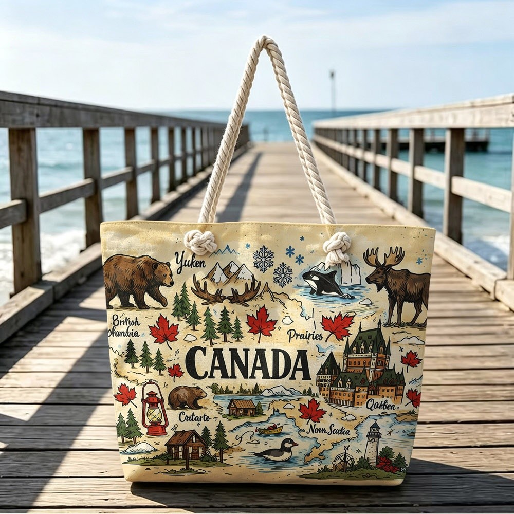 TEMU Canada-themed Tote Bag With & Maple Print - Wildlife Carryall, Zipper Closure & Wrist Strap Suitable For Travel,, Shopping, Casual Use, Durable