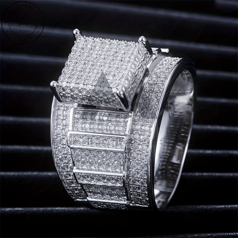 Luxury Men's Hip Hop Jewelry Square 925 Silver Inlaid Geometric Style Rapper Rock Ring