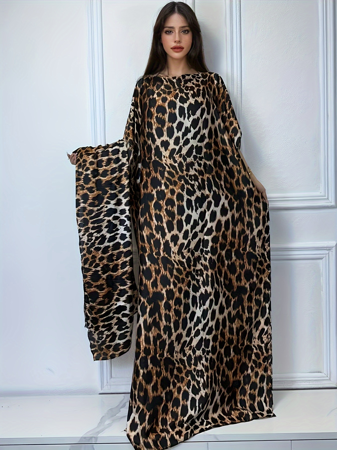 elegant leopard print polyester crew neck long abaya dress with batwing sleeves loose fit asymmetrical hem tunic   womens clothing machine washable modest   tunic comfortable wear stylish tunic modest dressers