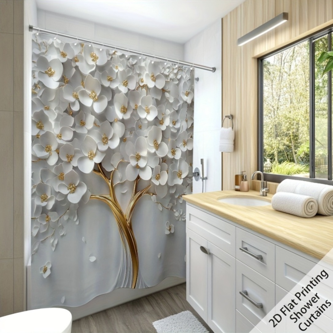 TEMU 2d Flat, 2d Flat 1pc Printed Art White Curtain, Bathroom Curtain, Cute Cartoon Home Decor Shower Curtain, With Hooks, Suitable For Bathtub,
