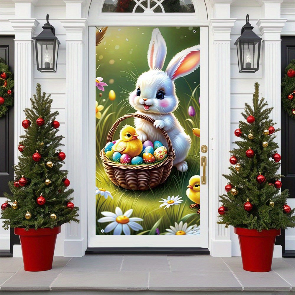 

2d Door Banner 1pc Easter Bunny Door Banner - Polyester 100% Hanging Door Cover, 35.4" X " - Indoor Easter Party Decoration, With Basket Design, No Electricity Needed, Holiday Door Decor Flag