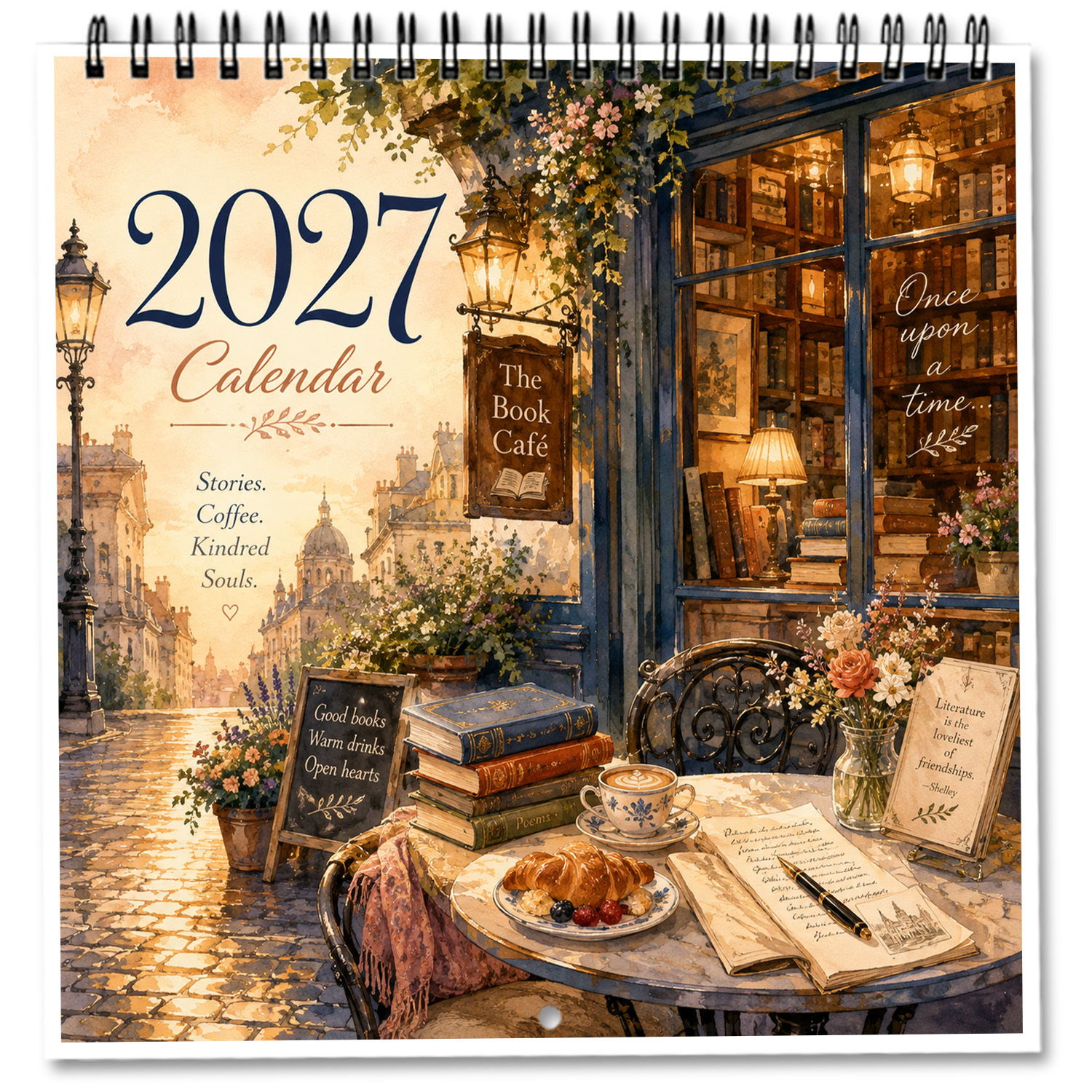 TEMU 1 Set 2027 Wall Calendar Spiral Bound Hanging Planner Featuring Cozy With Coffee Books And Flowers For Home Office Decor Yearly Schedule