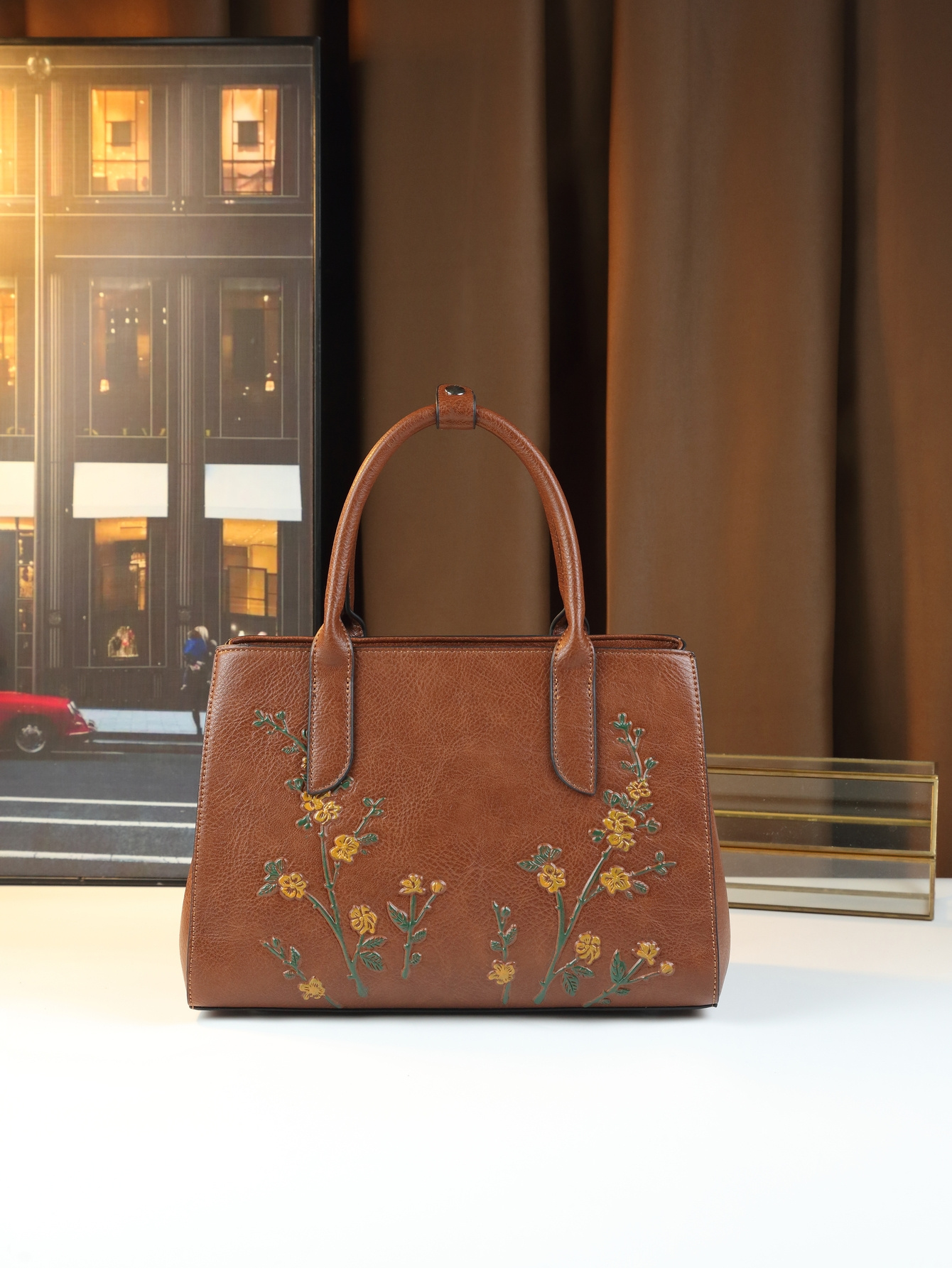 Light Brown Floral Print Handbag front view