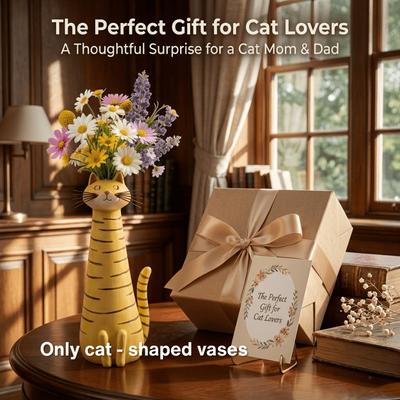 Yellow striped cat-shaped vase holding small flowers
