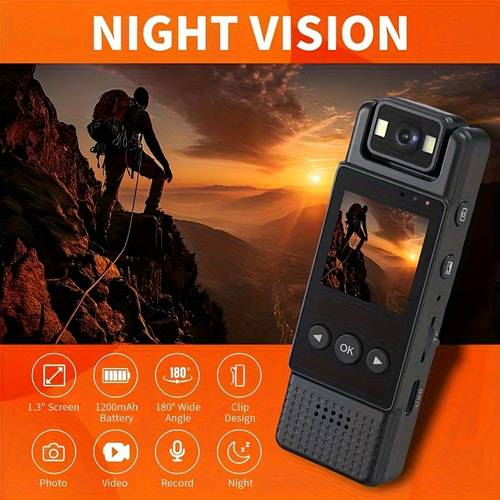 2025 professional fhd night body camera with 1080p video audio recording 1 screen 180 rotating clip 1200mah rechargeable battery 5 12 hours compact wearable camera for security daily use modern highresolution display night camcorder