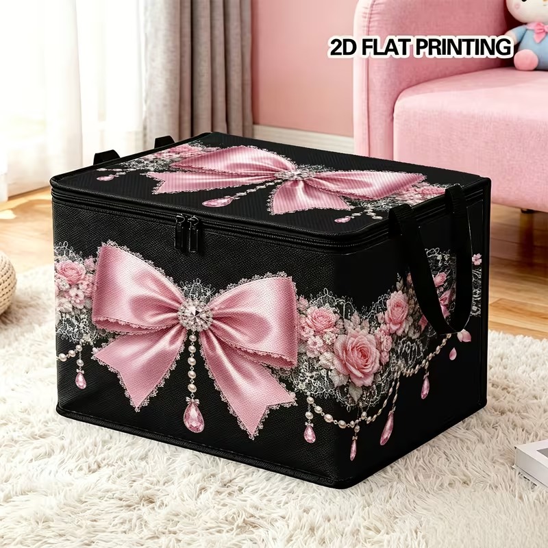 TEMU 1pc Pink Bow Printed Large Capacity Storage Box, Style Lid With Double Zipper Dust-proof Design, Portable With Dual Handles, Space-saving