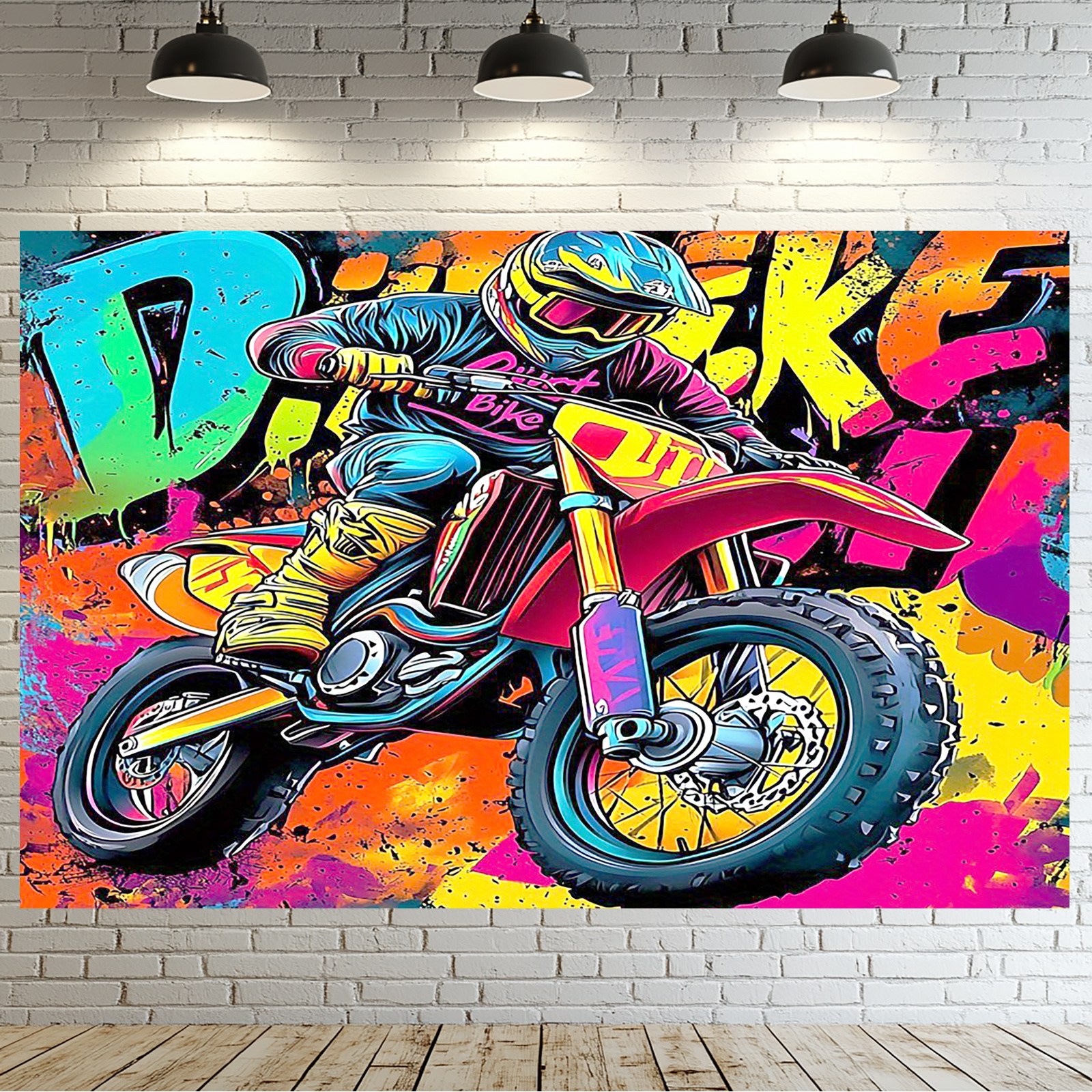 TEMU 2d Flat, 1pc Neon Motocross Dirt Bike Wall Art Banner - Graffiti-style Rider & Bike Design With "dirt" Text - Boys Room Decor, Motorcycle Party