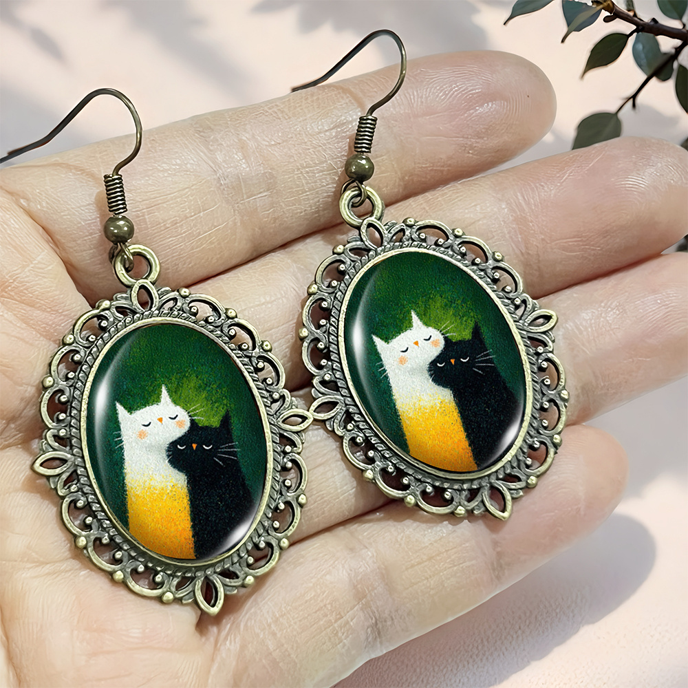 Black & White Embracing Cats Minimalist Lace Earrings and Pendant