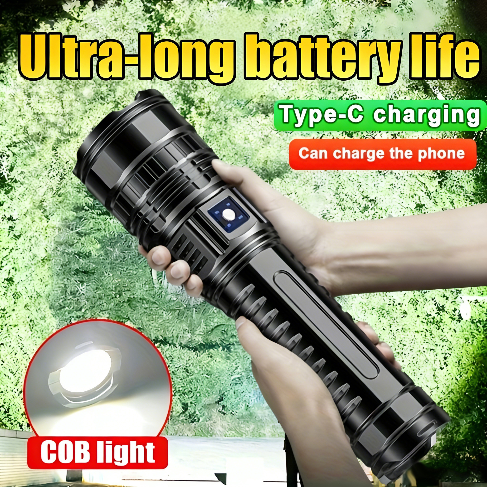Super Bright Rechargeable LED Tactical Flashlight Ultra High Lumen Zoomable Spotlight with COB Tail Light Multi Modes Power Bank Function Portable Torch Light for Camping Hiking Outdoor Emergency