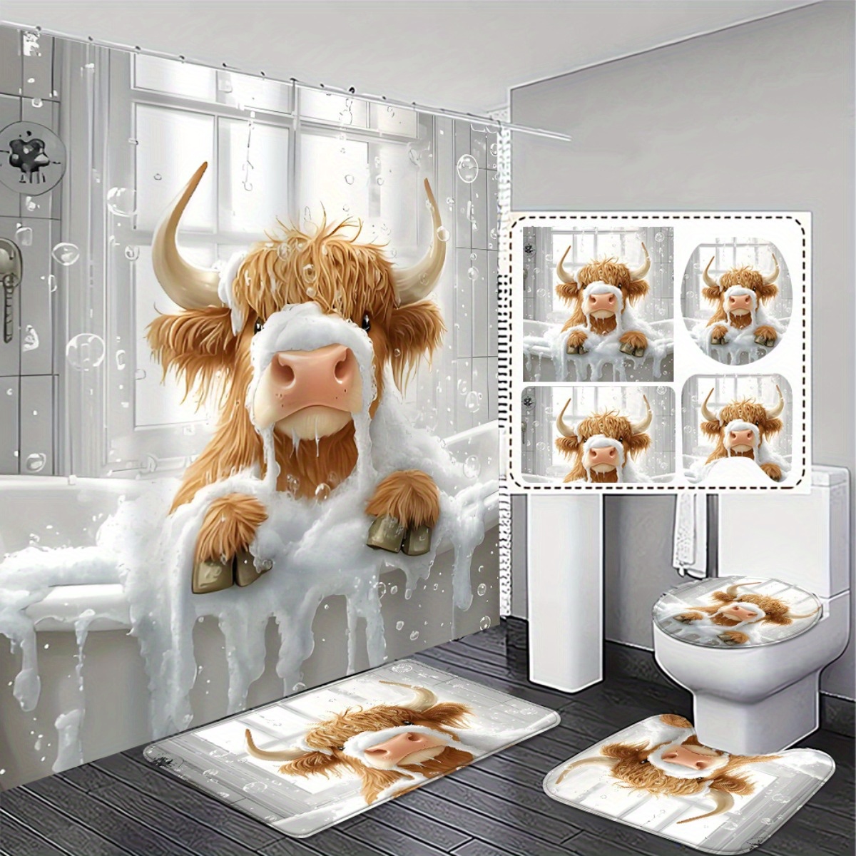 TEMU 4pcs, Cute Highland Cow Bathroom Set - 2d Flat Printing Shower Curtain, Bath Non-slip Mats, And Toilet Lid Cover - With 12 Hooks. Adorable Farm