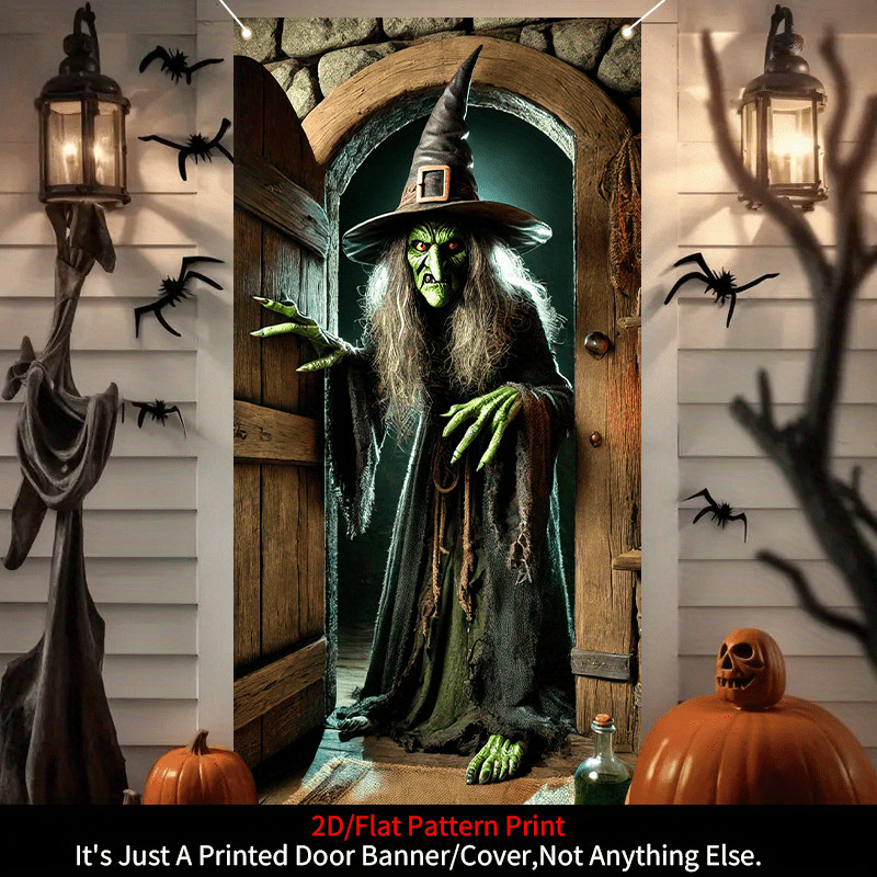 2d door banner 1pc 2d flat banners halloween witch door cover decorative banner scary witch pattern banner background halloween party supplies home decor suitable for indoor and outdoor party decoration   props 35 43x70 86 inches 90cmx180cm 2d flat