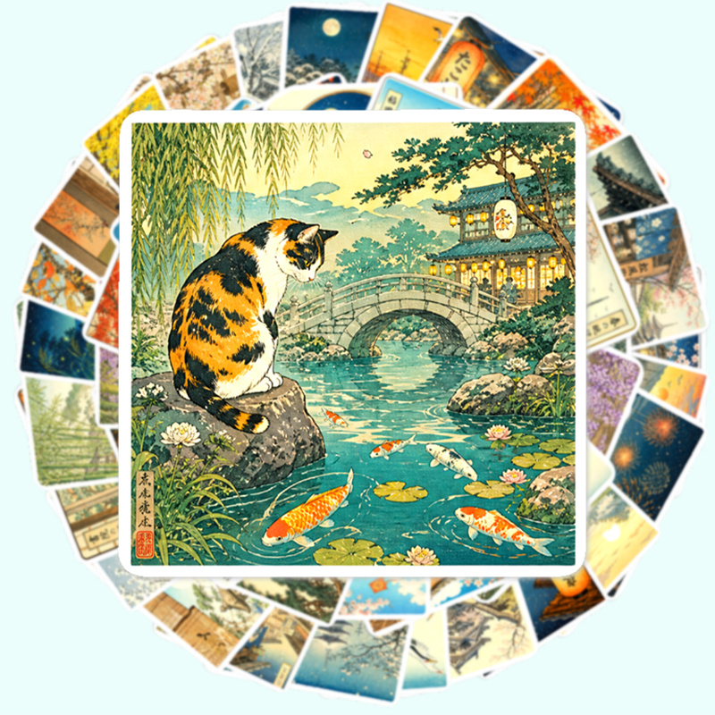 TEMU 50pcs Retro Japanese Cat Landscape Stickers, 2d Flat Stickers, Suitable For Journals, Laptops, Car Bumper Decorations, Skateboards, Water